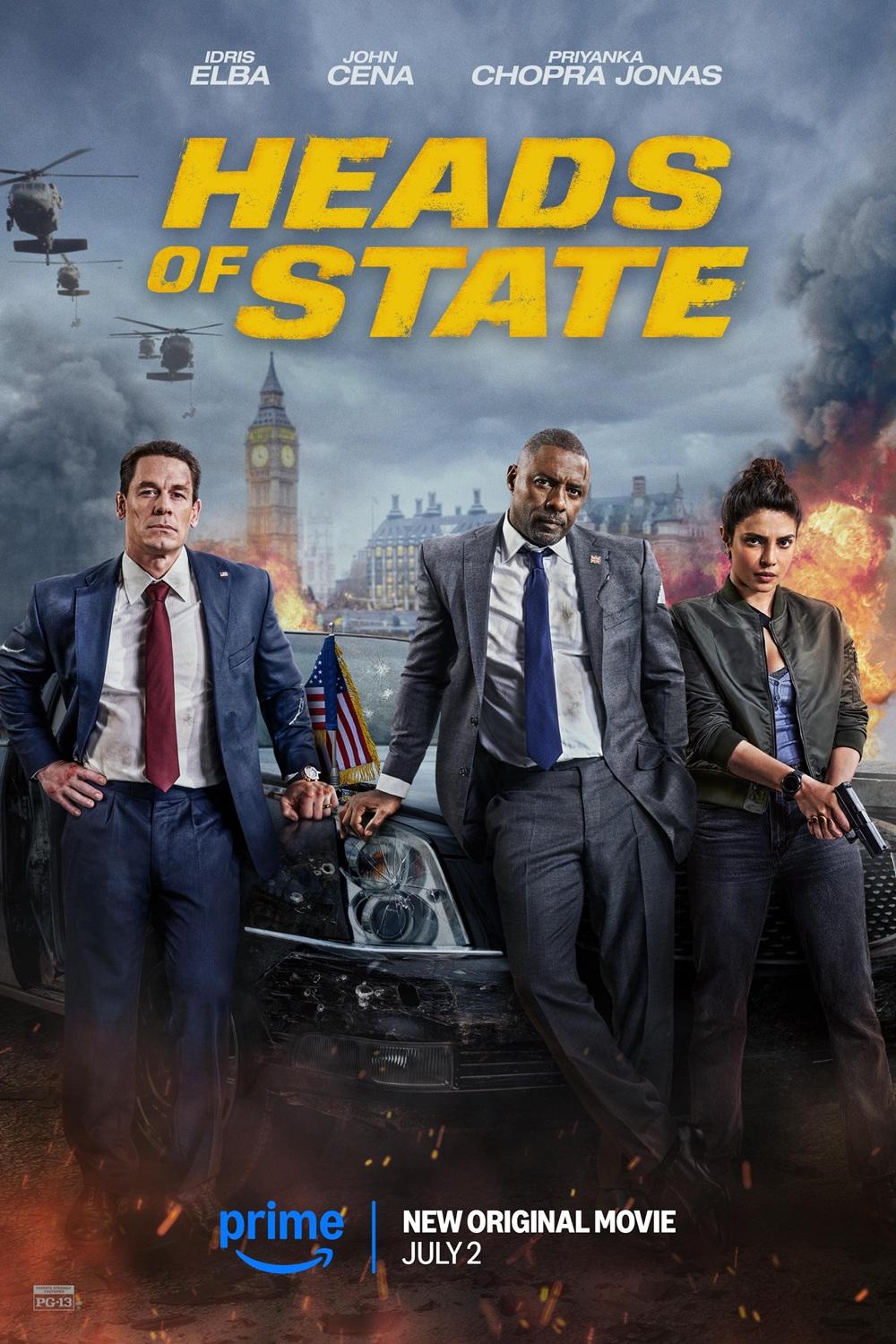 Head of State Poster with London in the background, with John Cena and Idris Elba in a suit with tie and Priyanka Chopra in jeans and leather jacket